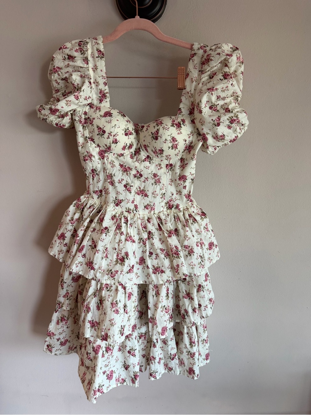 Romantic Cream Mini Dress with Pink Floral Print